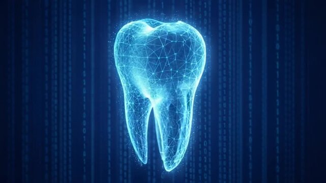 Glowing blue wireframe tooth on dark blue background with binary code