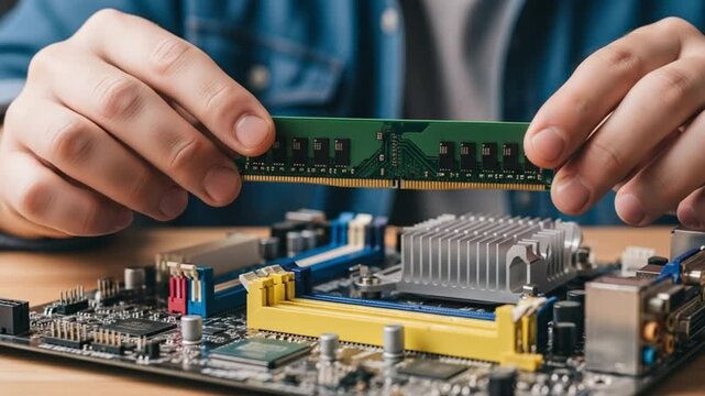 Person installing ram module on computer motherboard with various components