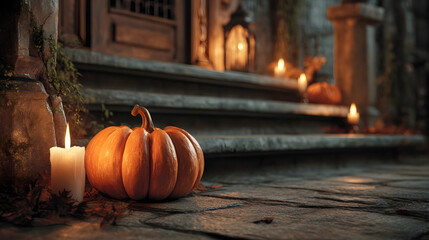 Spooky Season Entrance: A detailed composition captures the essence of Halloween, featuring an orange pumpkin and candles on the front steps, creating a scene of eerie and festive ambiance.