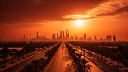 City skyline silhouetted by sunset sky over road and palm trees