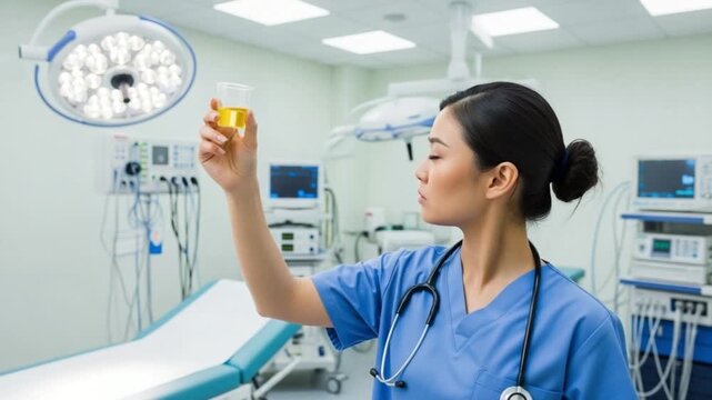 A female nurse in blue scrubs examining a urine sample in a hospital room with medical equipment