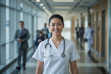 Smiling nurse walking down hospital corridor