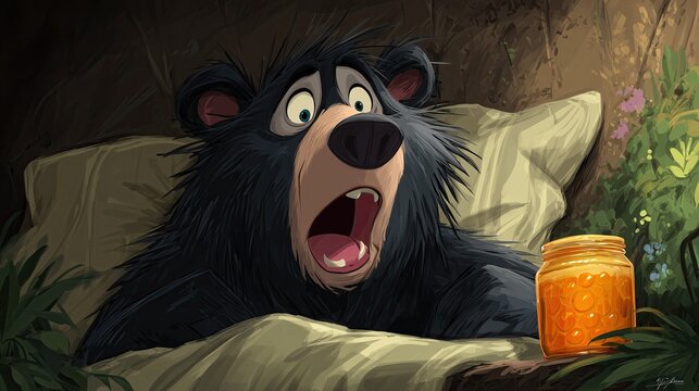 Surprised cartoon bear character in bed scene