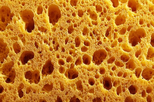 Close-up of a porous yellow material with numerous holes and textures, resembling a sponge or foam.