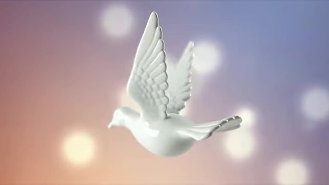 White porcelain dove flying with blurred pastel bokeh background  