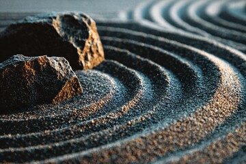 Obraz premium A close-up view of stones on textured sand, featuring concentric circle patterns around the rocks.