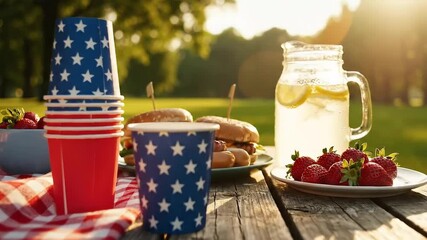 Patriotic picnic setup with red cups, burgers, and lemonade outdoors  