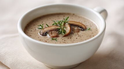 A bowl of creamy mushroom soup garnished with fresh thyme