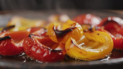 Closeup shot of vibrant red and yellow bell peppers or tomatoes sizzling and steaming on a hot pan perfectly roasted with visible char marks highlighting fresh ingredients prepared for a delicious me.