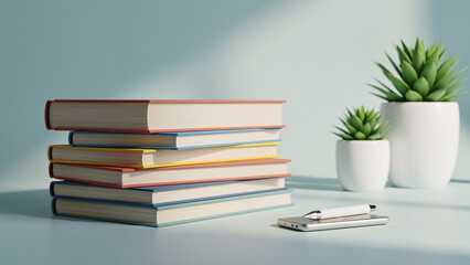 Coding books stack colorful programming textbooks, coding manuals in vibrant hues evoke focused learning and knowledge pursuit, serene study atmosphere with potted succulents and silver pen nearby