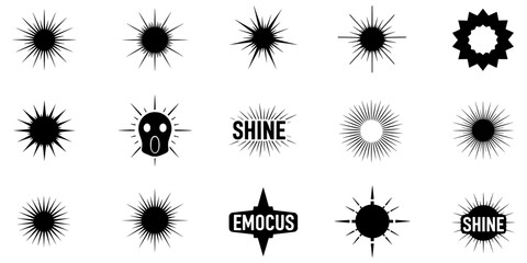 Collection of black and white starburst graphics with various designs and text overlays on a plain white background