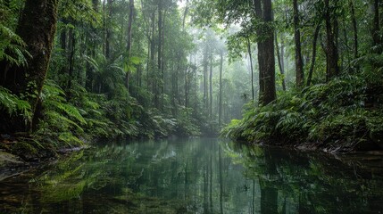 Obraz premium Mist-filled tropical jungle at dawn with a serene pool reflecting the canopy