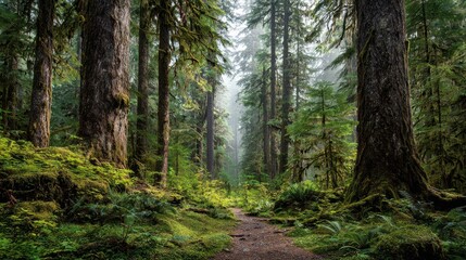 Fototapeta premium Mist and Green Canopy Over a Serene Old-Growth Trail in a Temperate Rainforest