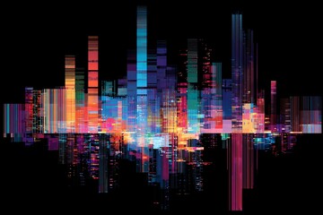 A colorful abstract digital cityscape with vibrant vertical lines and bright hues against a dark background.
