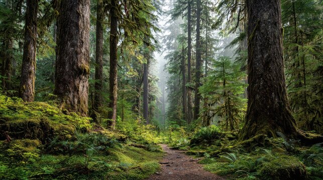 Mist and Green Canopy Over a Serene Old-Growth Trail in a Temperate Rainforest