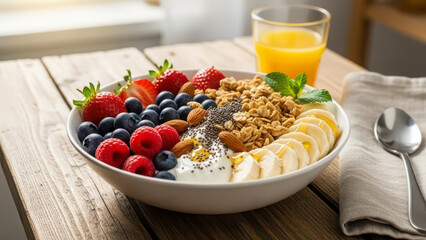 Delicious healthy breakfast bowl with fresh fruits and granola
