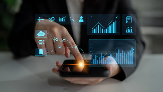 Data flow from database and cloud to processing and analytics dashboards, representing data analysis, automation, insight generation, and digital intelligence Latch - Powered by Adobe