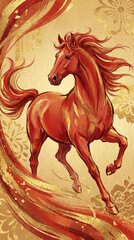 Stylized red horse illustration with ornaments
