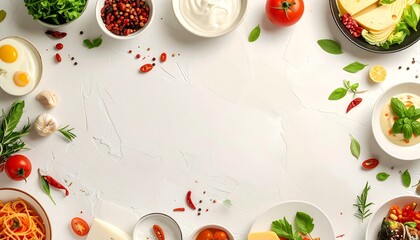 Delicious culinary composition of fresh ingredients and prepared pasta dishes, artfully arranged on a textured white background with ample copy space, perfect for food content