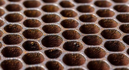 Close up of a honeycomb like metal structure with an abstract geometric pattern