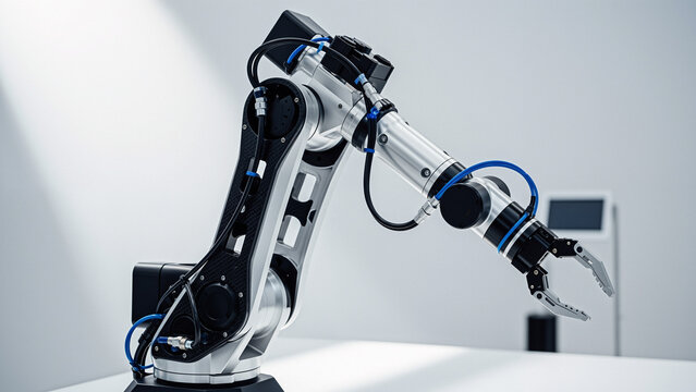 Robotic arm prototype sleek silver industrial robotic manipulator with hydraulic tubes and claw gripper,utomation prototype evokes precision engineering, factory innovation, future manufacturing power