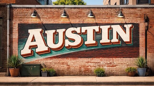 Austin Texas Mural Painted on Downtown Brick Wall