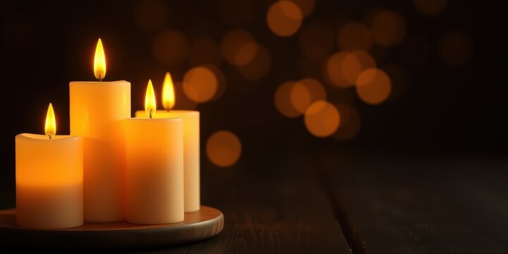 Three lit white candles on a wooden plate with a dark background and warm glowing bokeh lights around them creating a cozy ambiance