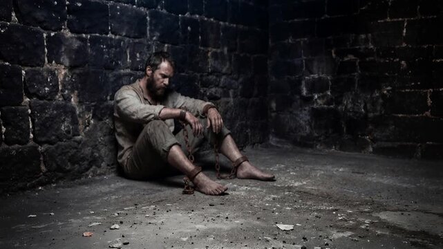 Prisoner enduring confinement in dark stone dungeon. Shackled man sitting on floor in historical setting. Lockdown wide shot.