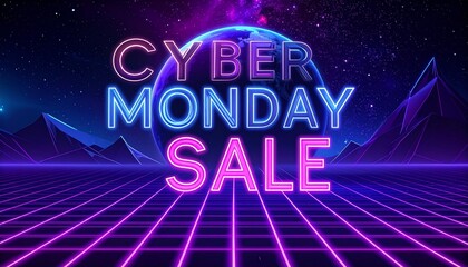 Cyber Monday neon sale with retro grid and glowing planet
