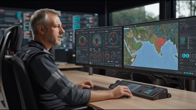 Male operator engages with dual monitors displaying interactive data visualizations and maps, showcasing real-time analysis and monitoring in a high-tech control room environment