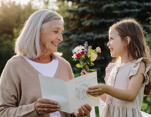 Kilkuletnia wnuczka wręcza babci kartkę z życzeniami z okazji dnia babci oraz mały bukiecik kwiat&oacute;w