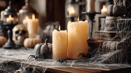 Candlelit Halloween Scene: A festive scene evoking the spirit of Halloween, where glowing candles cast warm light upon cobwebs, pumpkins, and a scattering of other spooky elements.