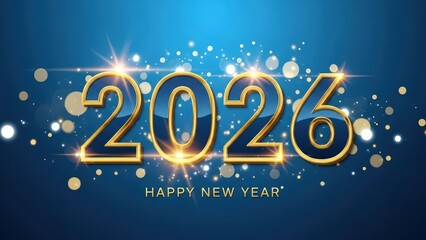 Gold 2026 Happy New Year text with sparkles on blue background