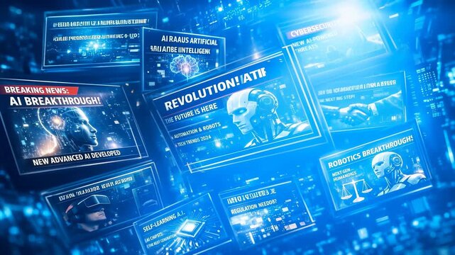 Advanced technology wall showcasing artificial intelligence breakthroughs, robotics innovation, and cybersecurity alerts. Panning camera movement across digital display.