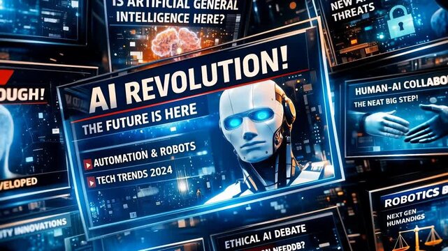 Floating digital screens displaying headlines about AI, robotics and cybersecurity. Camera pans and tilts across high-tech interface with glowing data points.