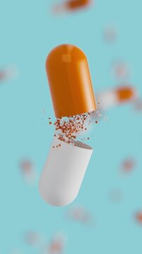 Animation of blue orange medicine capsule opening and remedy particles fly out on blue backdrop. Medical research, science concept. 3d render Vertical video
