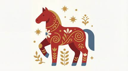 Stylized red horse with golden patterns