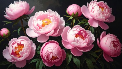 Pink Peonies Flowers on Dark Background.