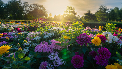 champ de fleurs color&eacute;es au coucher du soleil dans un parc