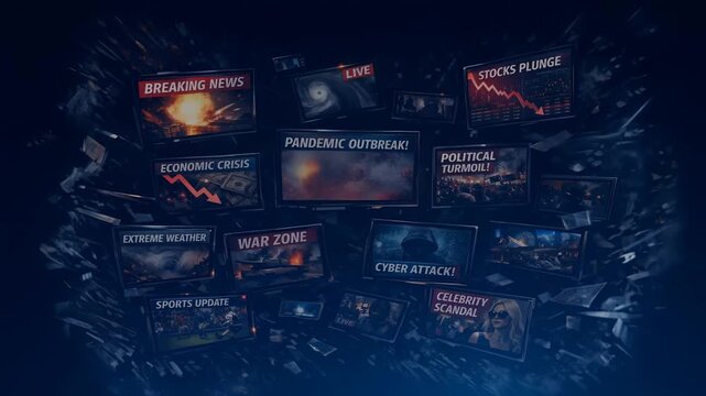Monitors broadcasting alarming headlines about war, pandemic, and economic collapse in a dark environment filled with flying shards