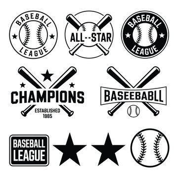 Baseball emblems and designs featuring bats balls and league branding