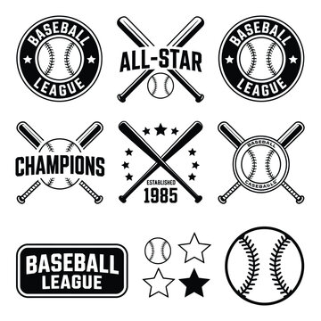 Baseball emblems and designs balls bats stars and league logos