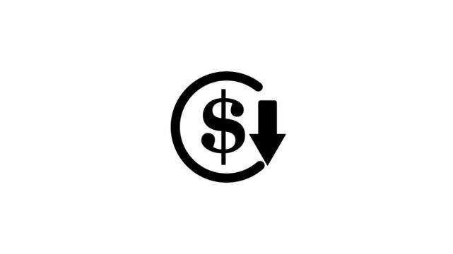 Abstract decrease icon on white background. Dollar rate up to down looped icon. Reduce costs sign and symbol.