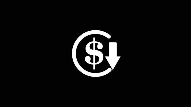 Abstract decrease icon on black background. Dollar rate up to down looped icon. Reduce costs sign and symbol.