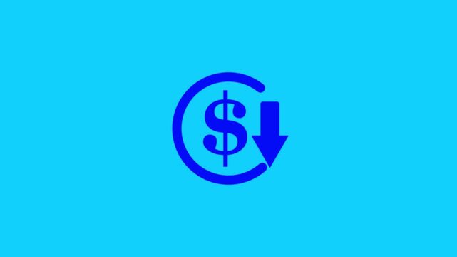 Abstract decrease icon on green background. Dollar rate up to down looped icon. Reduce costs sign and symbol.