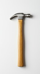 A standard claw hammer with a wooden handle rests horizontally on a clean, bright white studio background, emphasizing its sturdy utility and construction use ,carpentry, utility, handle