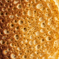Close up macro shot of a single, thin, golden brown pancake layer showing its porous texture ready for stacking into a breakfast pile ,kitchen ,pastry ,dessert