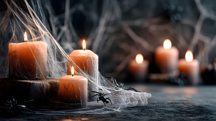 Spooky Serenity: A scene evokes a mysterious, gothic atmosphere, candles casting an eerie glow amidst intricate cobwebs. This image conjures feelings of haunting beauty and Halloween spirit.