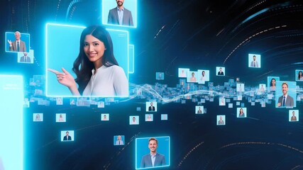 Men and women of various ethnicities smiling within glowing digital frames. Virtual networking and global community connection in abstract data environment - Powered by Adobe