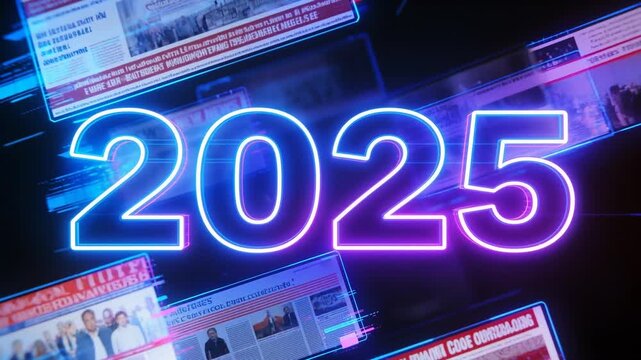 Year 2025 neon numbers floating amidst information stream and news headlines. Media articles and data graphics moving through dark digital environment. Static shot with subtle vertical tilt.